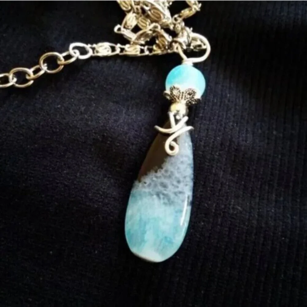 Seafoam Aqua + Black Agate Teardrop Pendant • Boho Beachy Ocean Chic